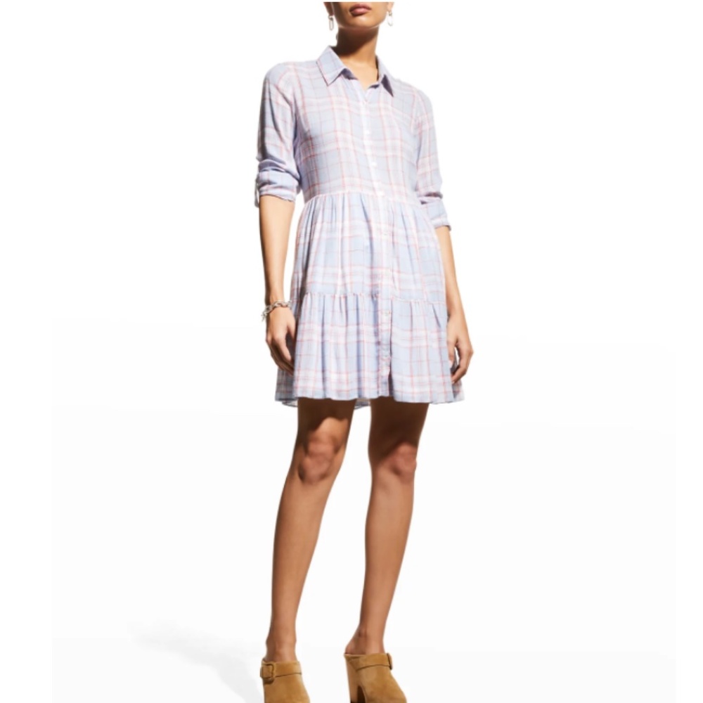 NWT $398 Veronica Beard Jeans Jemila Plaid Linen Button-Front Tiered Dress - M!